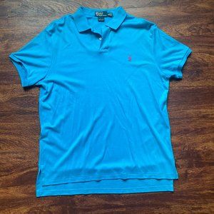 Polo Ralph Lauren bright blue t-shirt with pink emblem, cinched sleeves